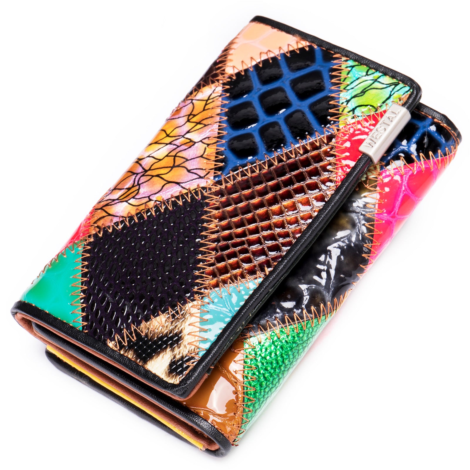 WESTAL 517 Color Splicing Women Purse Top Layer Cowhide Leather Tri-fold Wallet Kiss Lock Coin Purse WESTAL 517 Color Splicing Women Purse Top Layer Cowhide Leather Tri-fold Wallet Kiss Lock Coin Purse